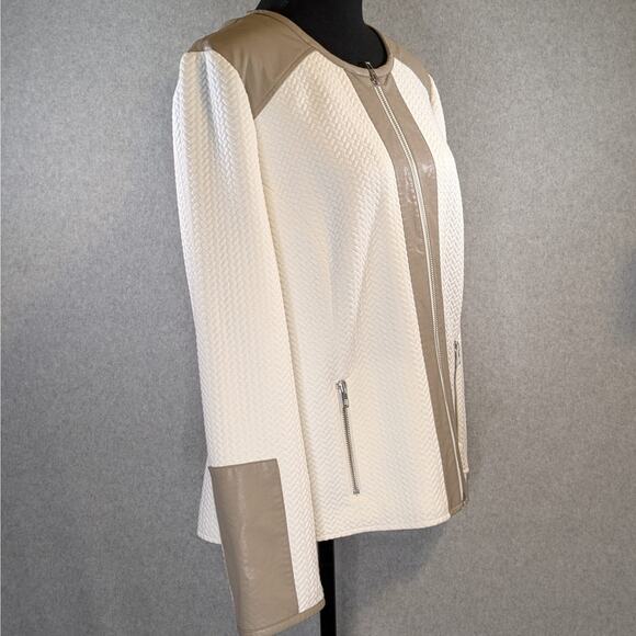 Chico’s Women L Ivory Brown Quilted Moto Jacket Faux Leather Zip Flawed - Picture 14 of 16
